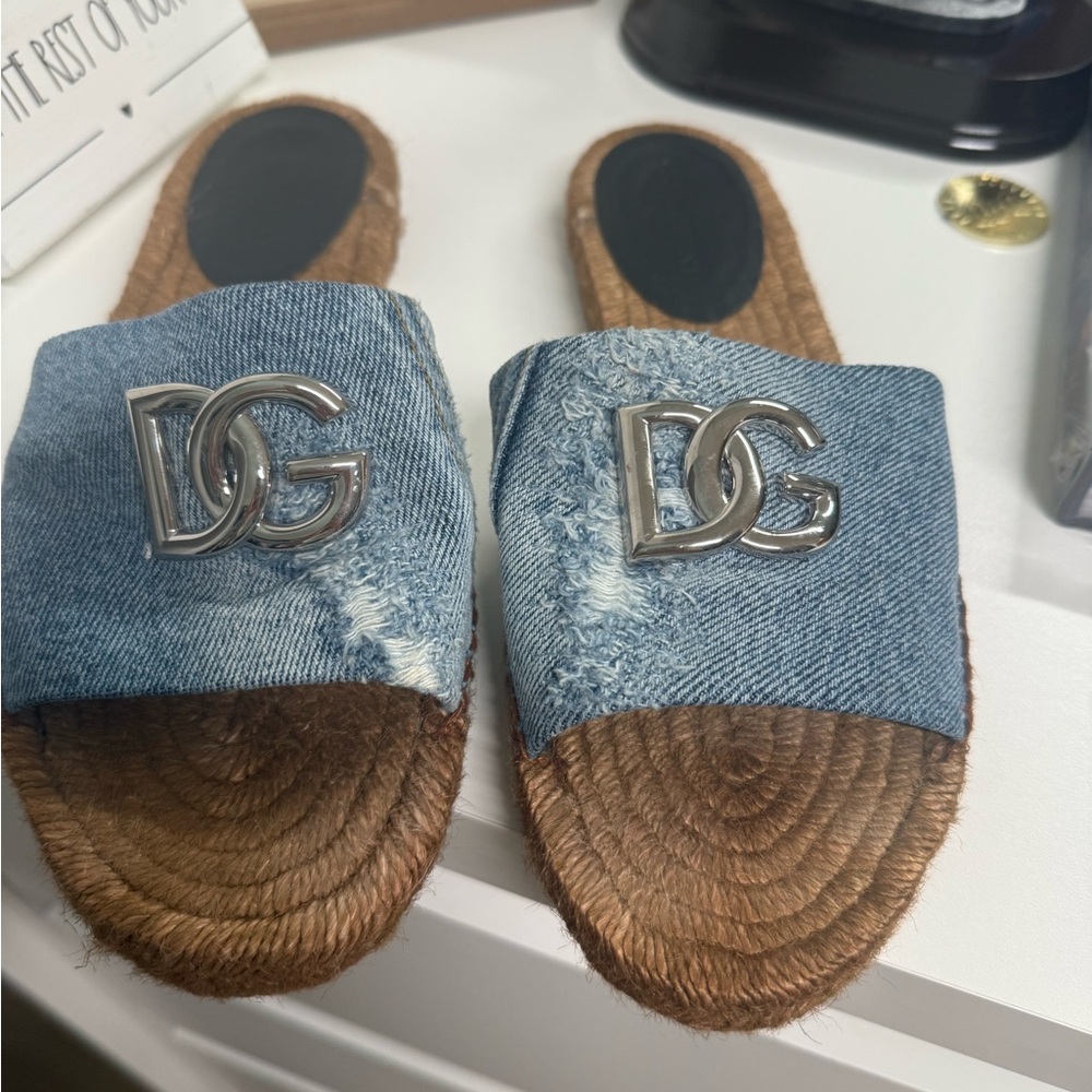 Dolce & Gabbana Denim Slides with Silver Logo
